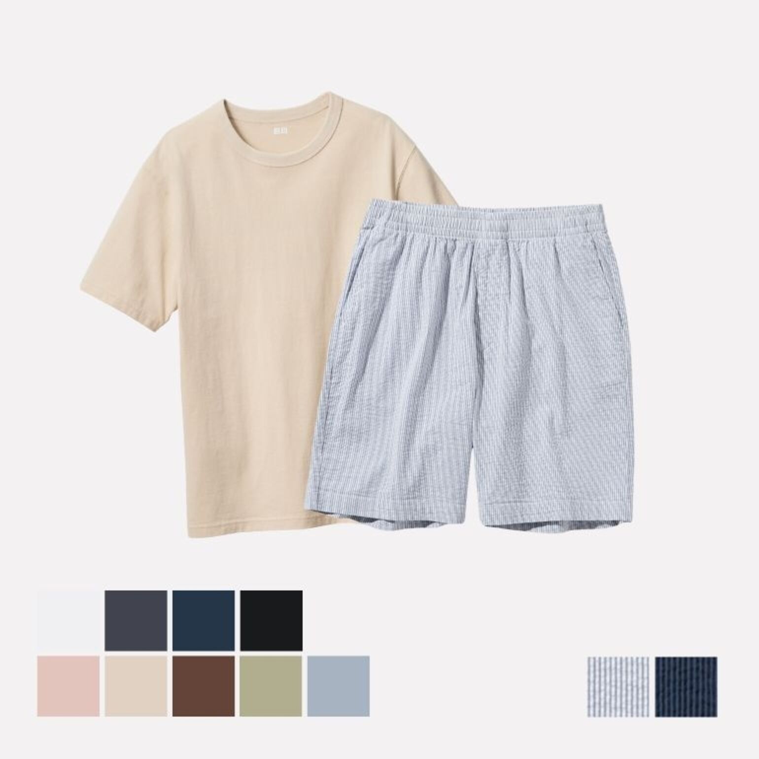 5. Celana Pendek Rileks Stretch Seersucker & T-Shirt Kerah Bulat Lengan Pendek