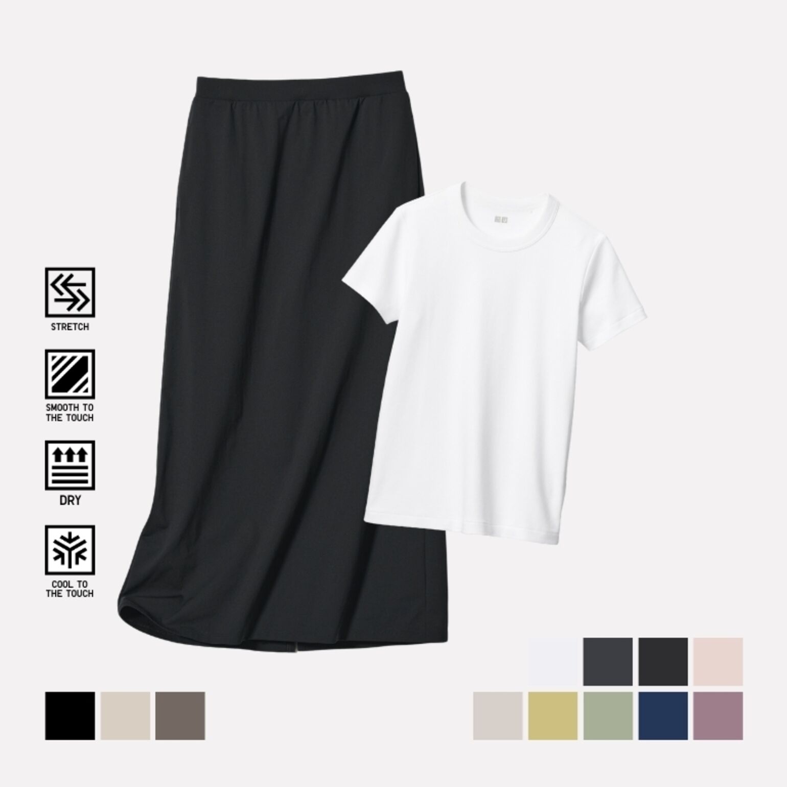 T-Shirt Kerah Bulat Lengan Pendek & AIRism Rok Panjang Ultra Stretch