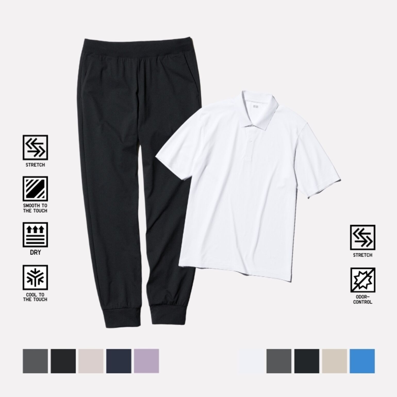 Kaos Polo DRY-EX Lengan Pendek & AIRism Celana Jogger Ultra Stretch