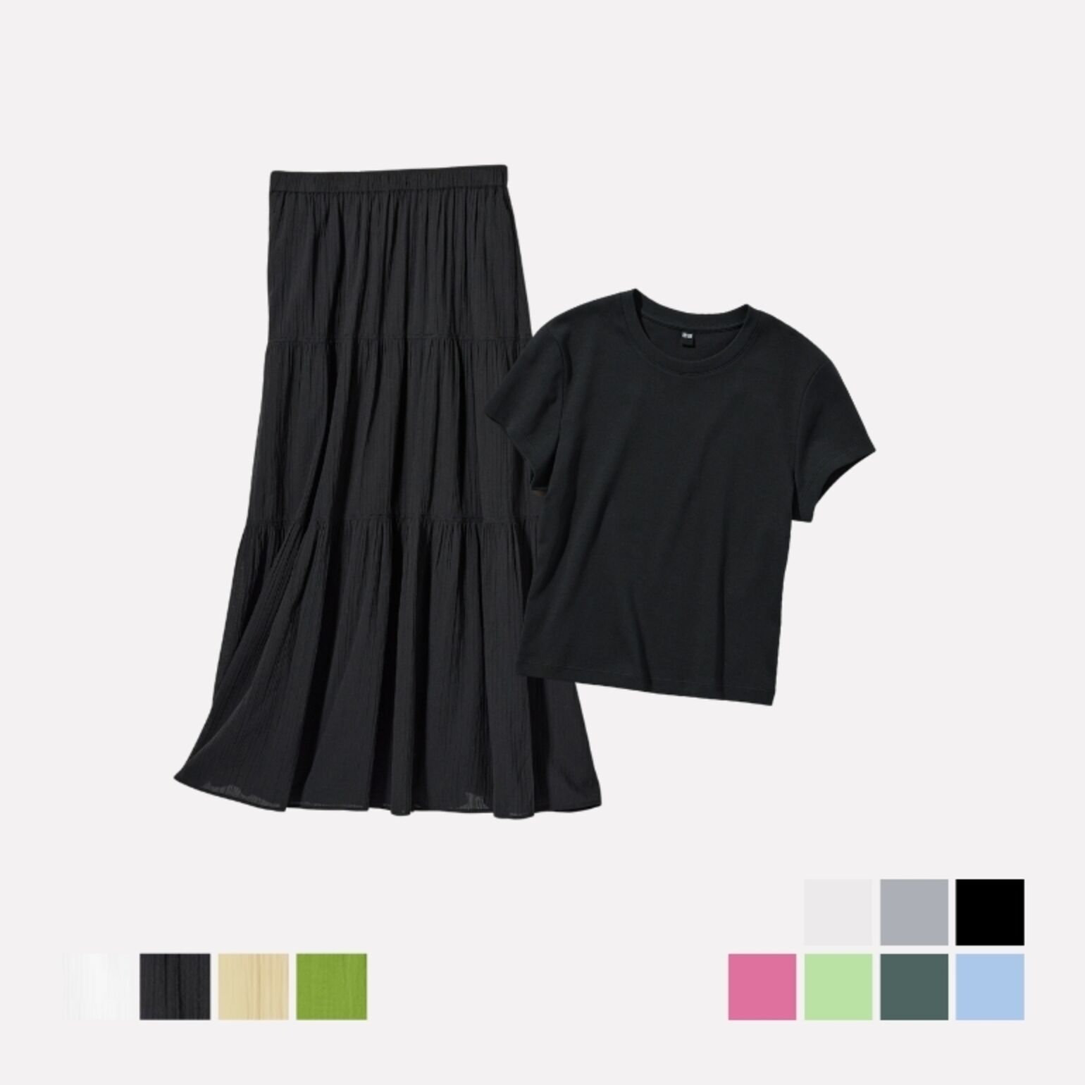 T-Shirt Mini Lengan Pendek & Rok Panel Katun Kerut