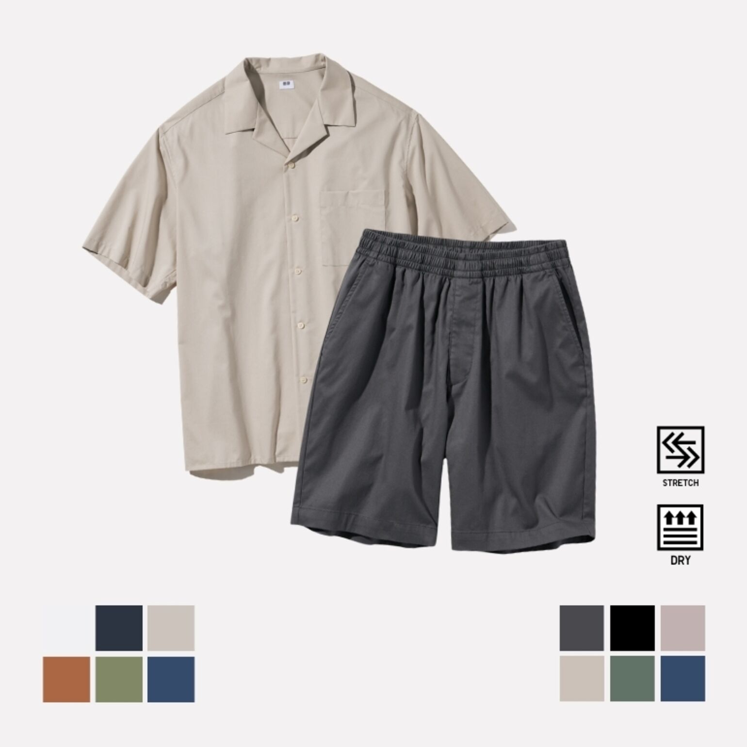 4. Celana Pendek Rileks Dry Stretch & Kemeja Katun Modal Kerah Terbuka Lengan Pendek