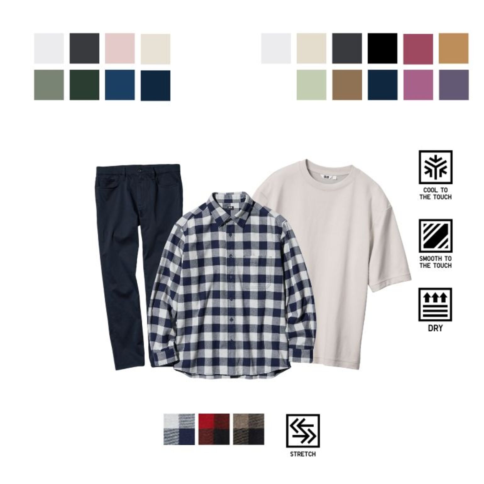 Kemeja Flannel Kotak, T-Shirt Oversize Katun AIRism & Jeans Warna Ultra Stretch