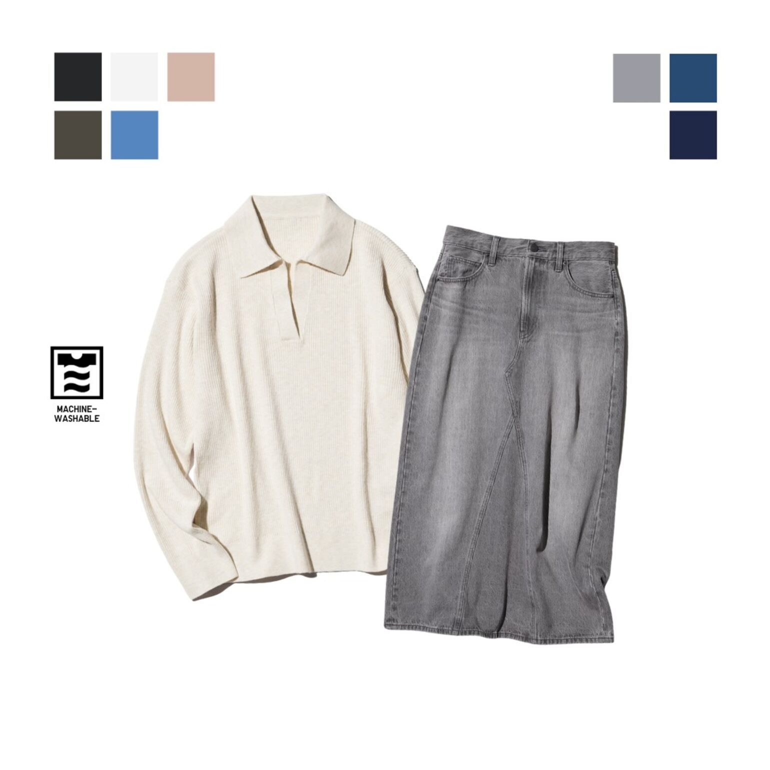 6. Sweater Polo Rib Rajut Washable & Rok Panjang Panel Denim