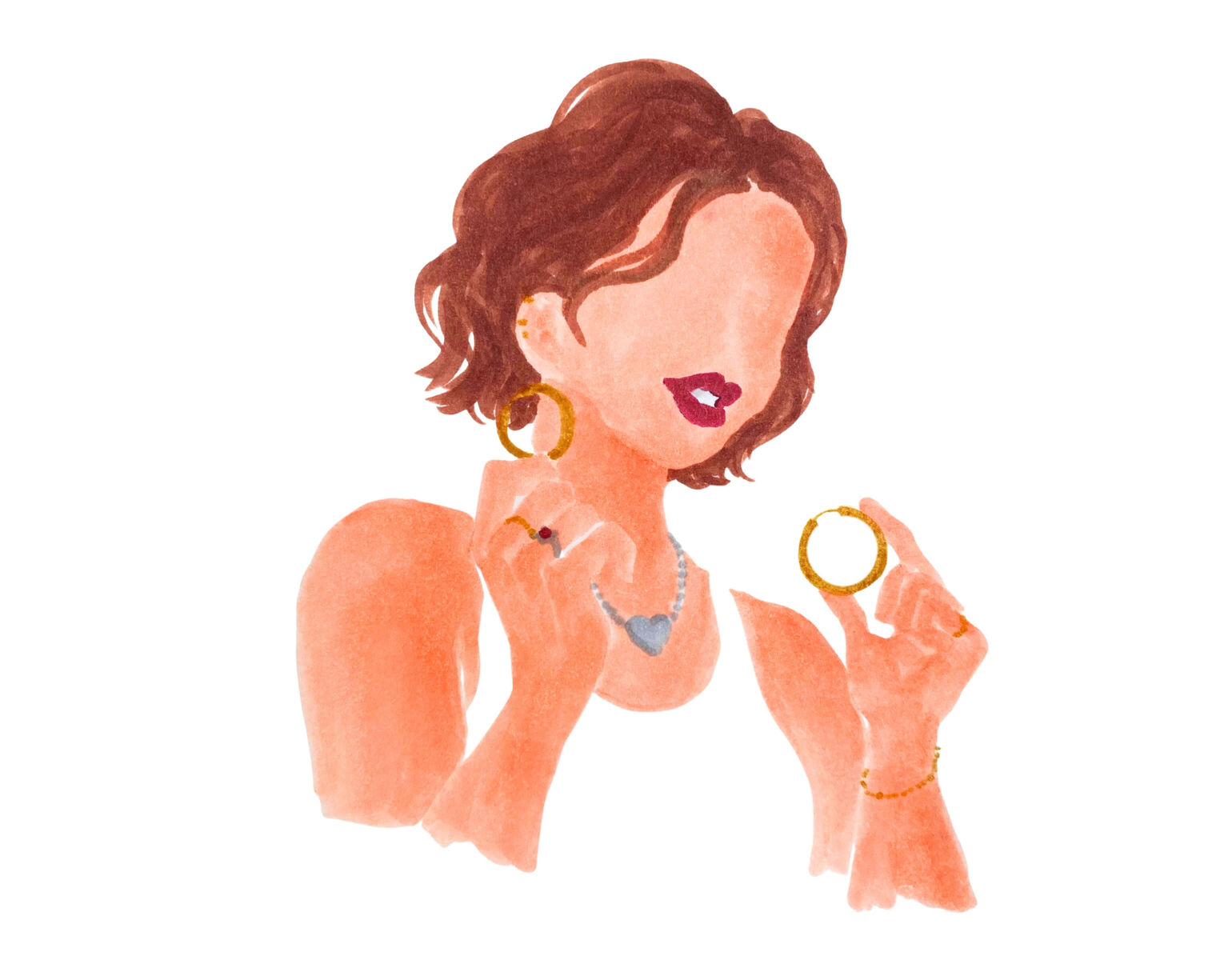 Illustrazione in stile acquerello di una donna che indossa degli orecchini a cerchio oro