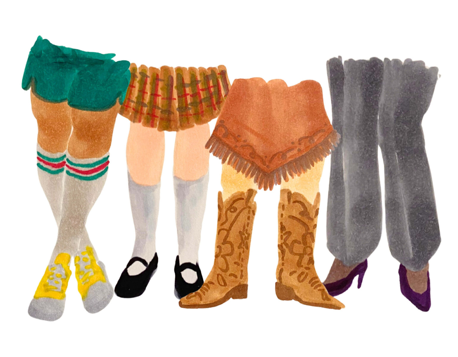 Illustrazione in stile acquerello di persone dalla vita in giu che indossano capi e scarpe in stili diversi, sportivo, preppy, country ed elegante