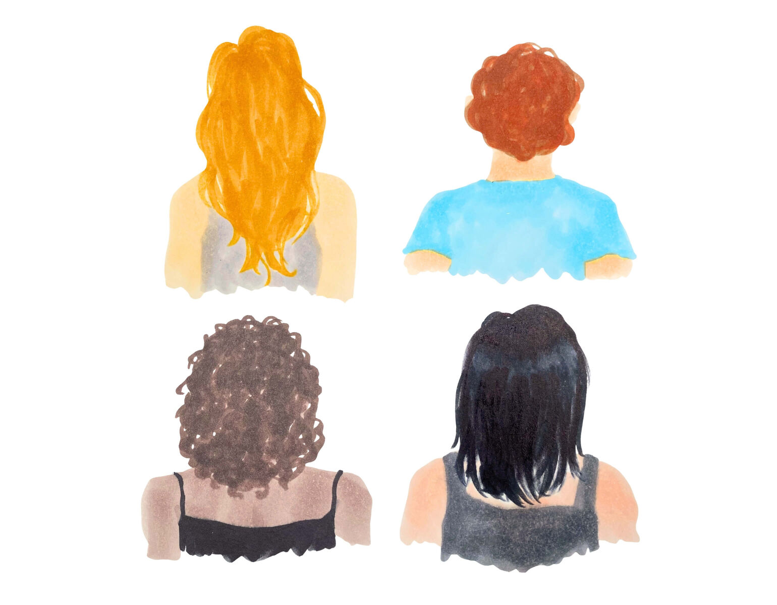 Illustrazione in stile acquerello di persone di schiena con colori di capelli diversi