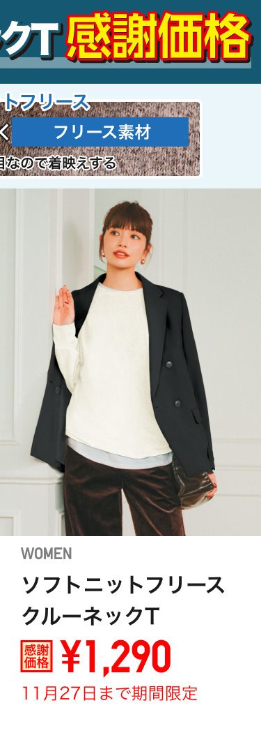 レディースソフトニットフリースクルーネックTが期間限定価格でお買い得