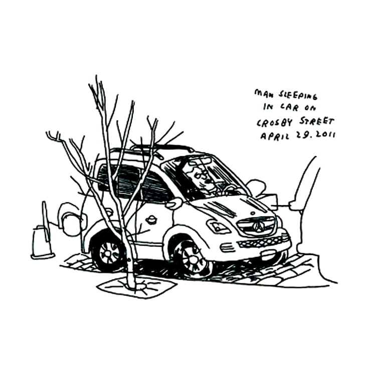 Man sleeping in car on Crosby Street