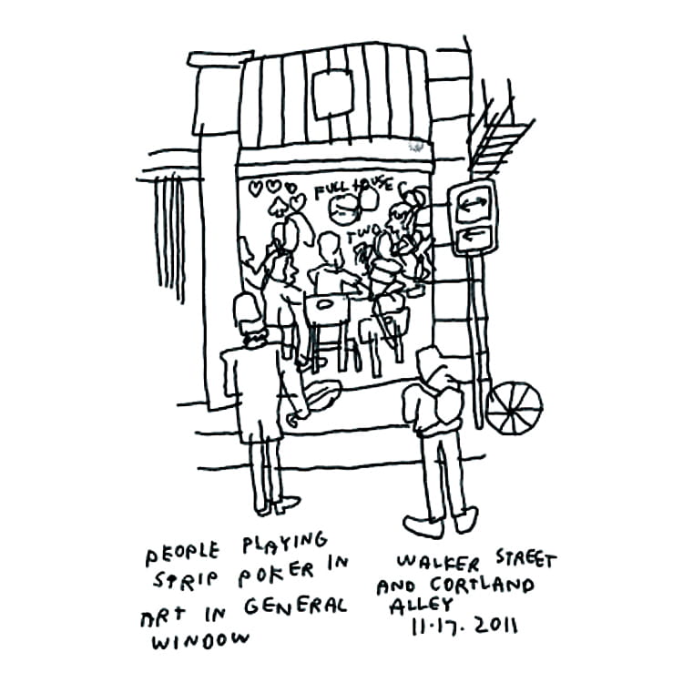 People playing poker and people outside Art in General on Walker Street and Cortland Alley