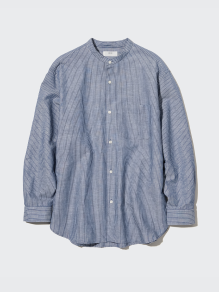 Camicia Lino Misto Cotone A Righe Colletto Alla Coreana