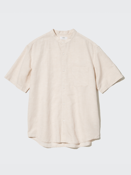 Camicia Lino Misto Cotone Colletto Alla Coreana Maniche Corte