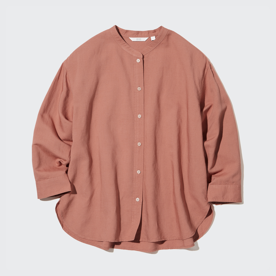 Camicia Misto Lino Colletto Alla Coreana Maniche A 3/4