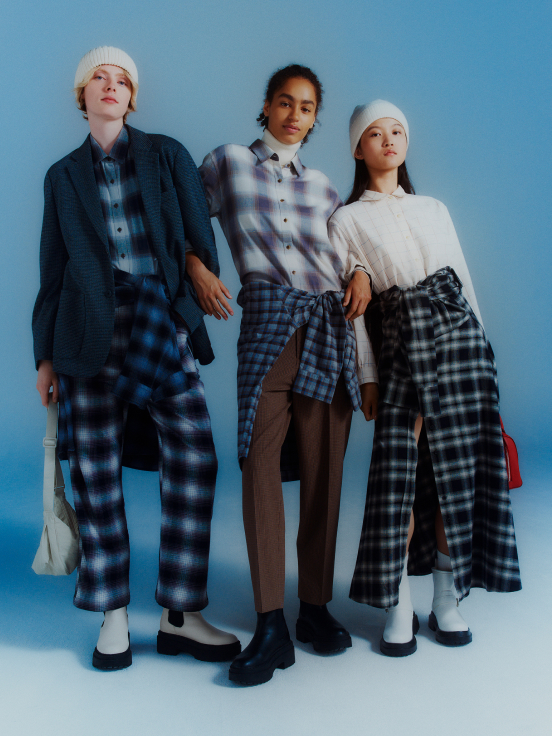 Plays with the check-on-check look.