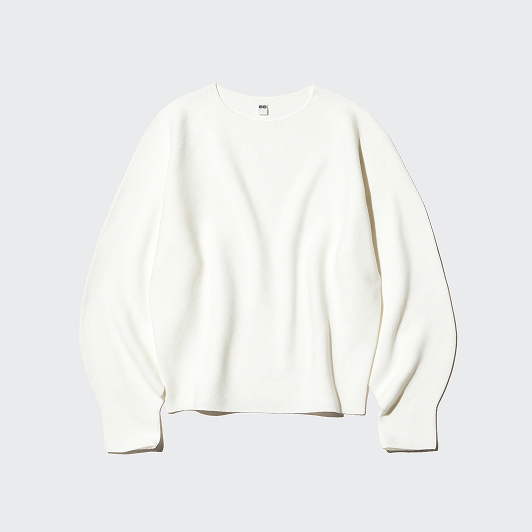 3D Knit Cotton Crew Neck Volume Sleeve Sweater