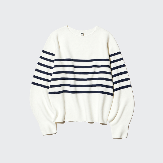 3D Knit Cotton Crew Neck Volume Sleeve Sweater
