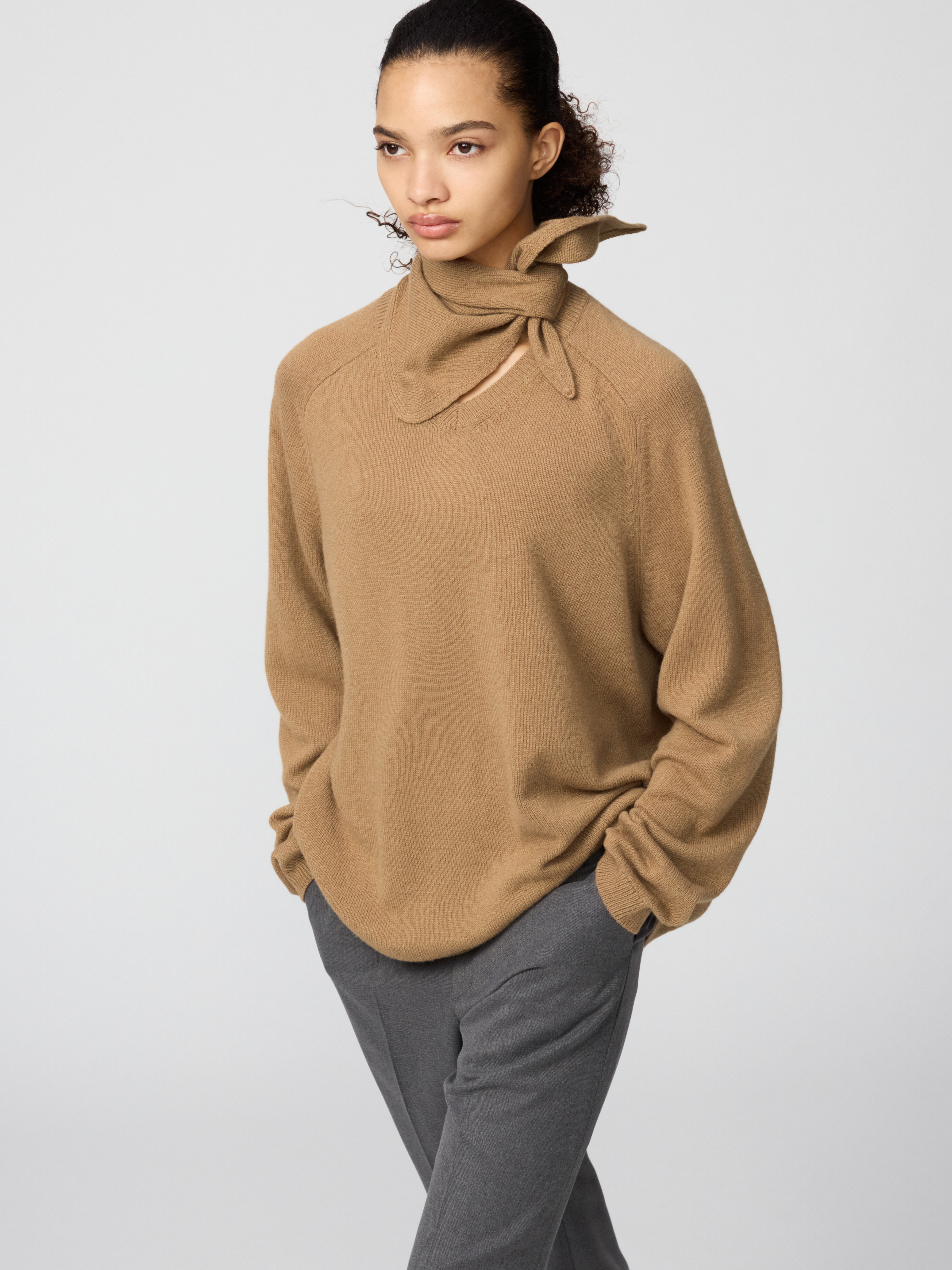 女裝 喀什米爾寬版V領毛衣(長袖)附領巾 (UNIQLO : C)