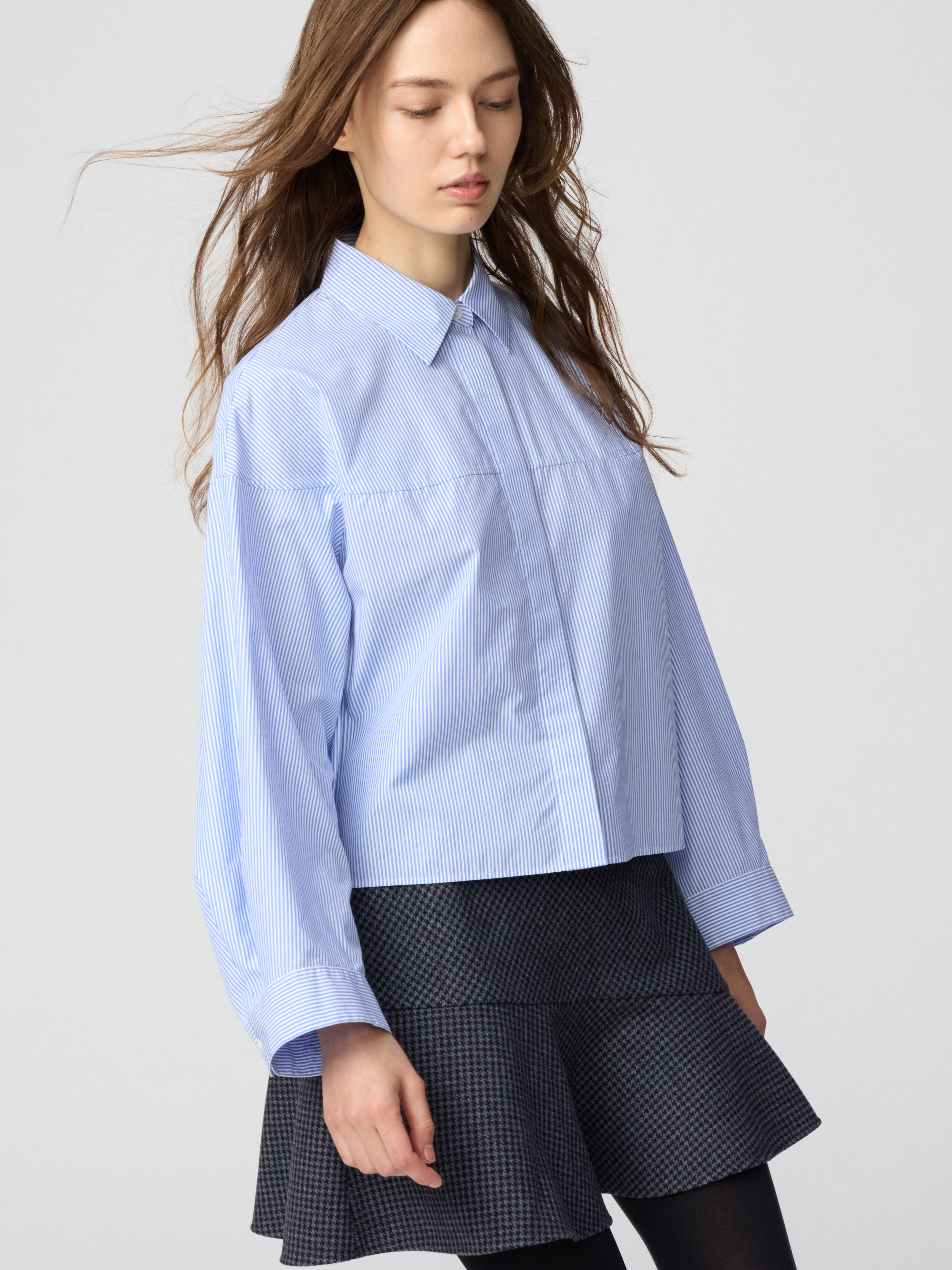 女裝 棉質條紋短版襯衫(長袖) (UNIQLO : C)