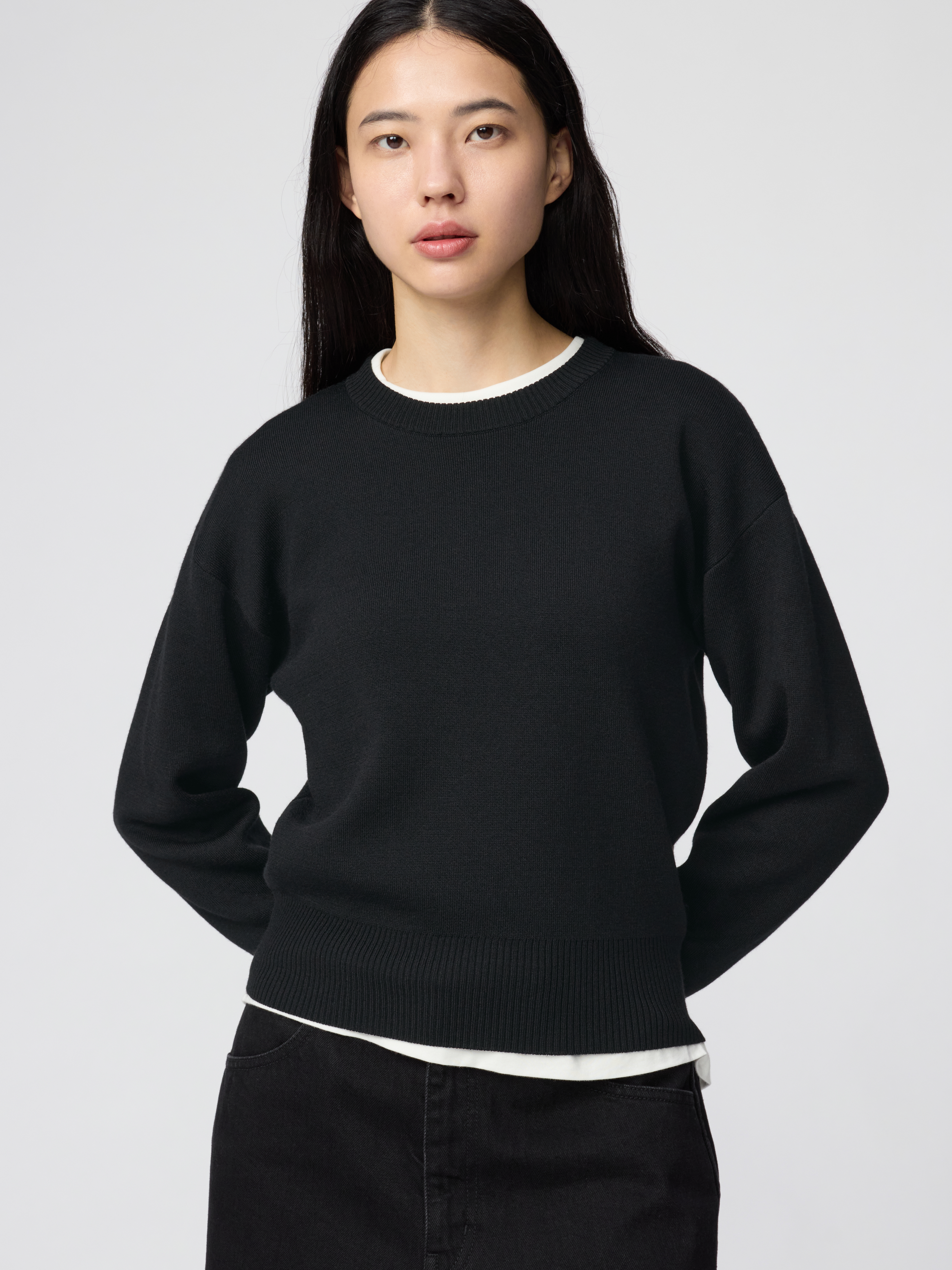 女裝 雙面織紋圓領針織衫(長袖) (Uniqlo U)