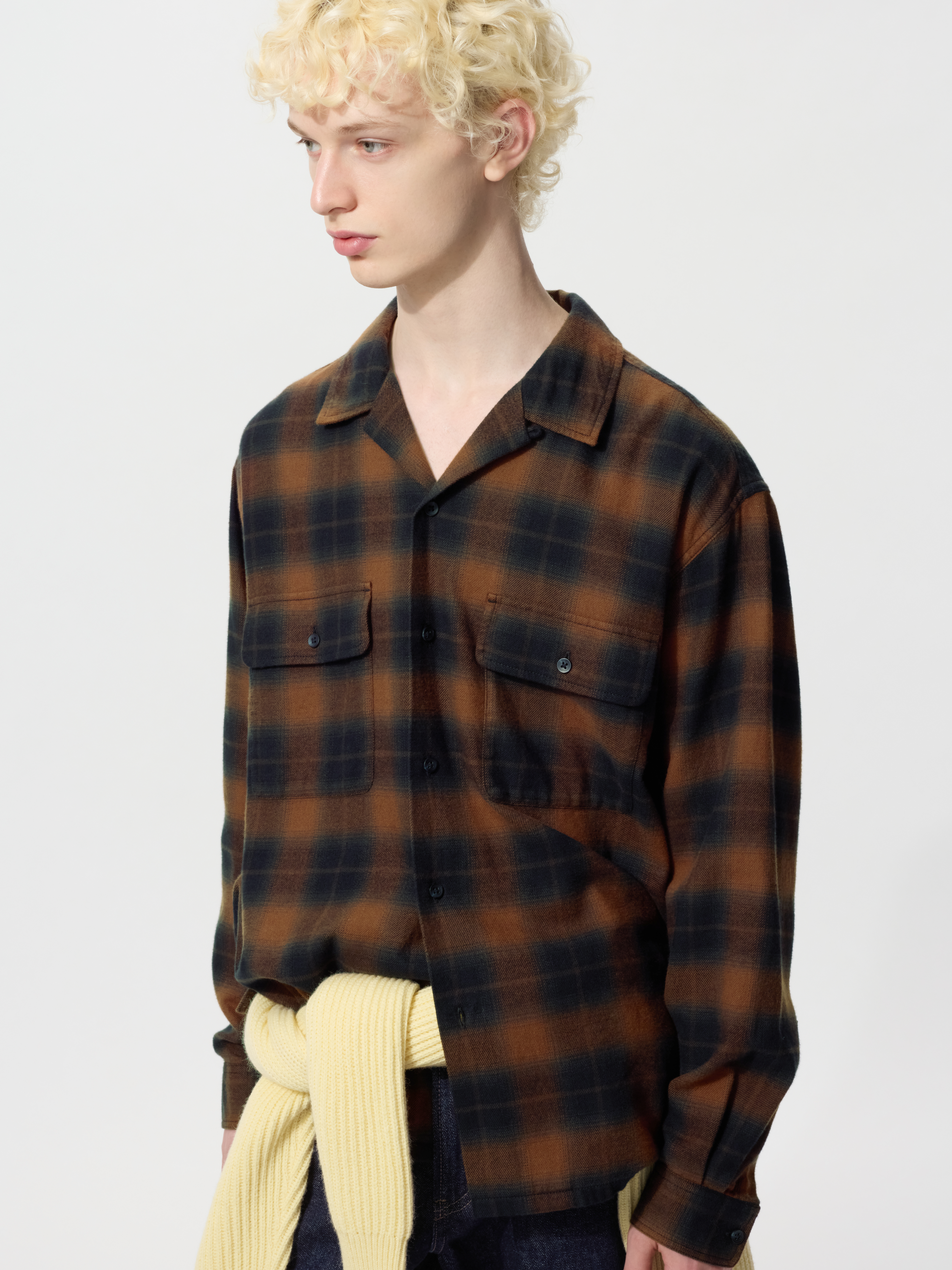 磨毛棉質開領寬版襯衫(長袖)(格紋) (UNIQLO and JW ANDERSON)
