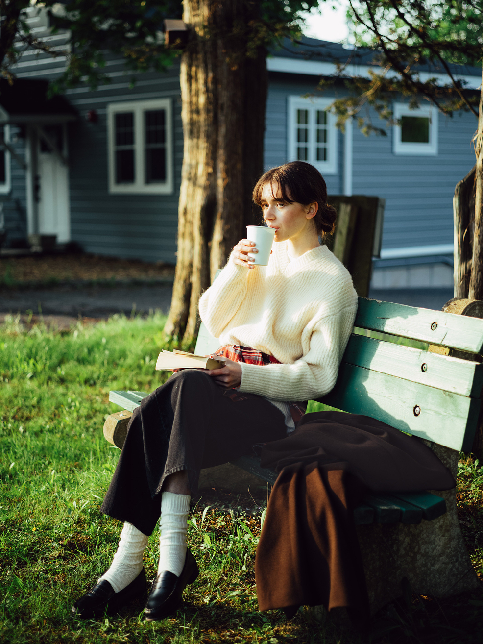 white sweater style model image