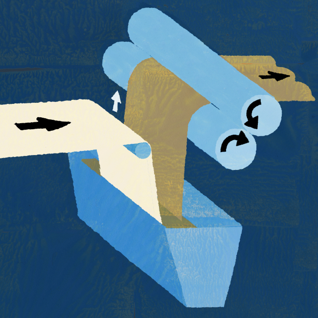 The fabric is now dipped into the water-repellent chemicals. Because of the shrunken and looped fibers, the fabric has an intricately textured surface and a much larger surface area. This gives the water-repellent chemicals more space to adhere, increasing overall water repellency.