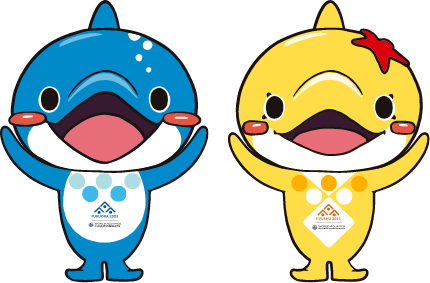 世界水泳2023マスコットキャラクターのシーライ（左）とシャーニー（右）