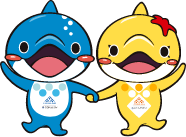 世界水泳2023マスコットキャラクターのシーライ(左)とシャーニー(右)