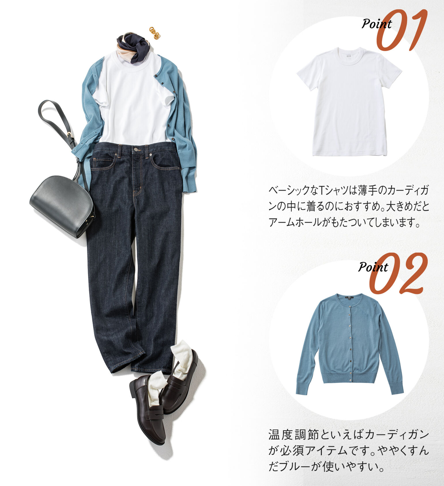 クルーネックT（半袖）&エクストラファインメリノクルーネックカーディガン（長袖）