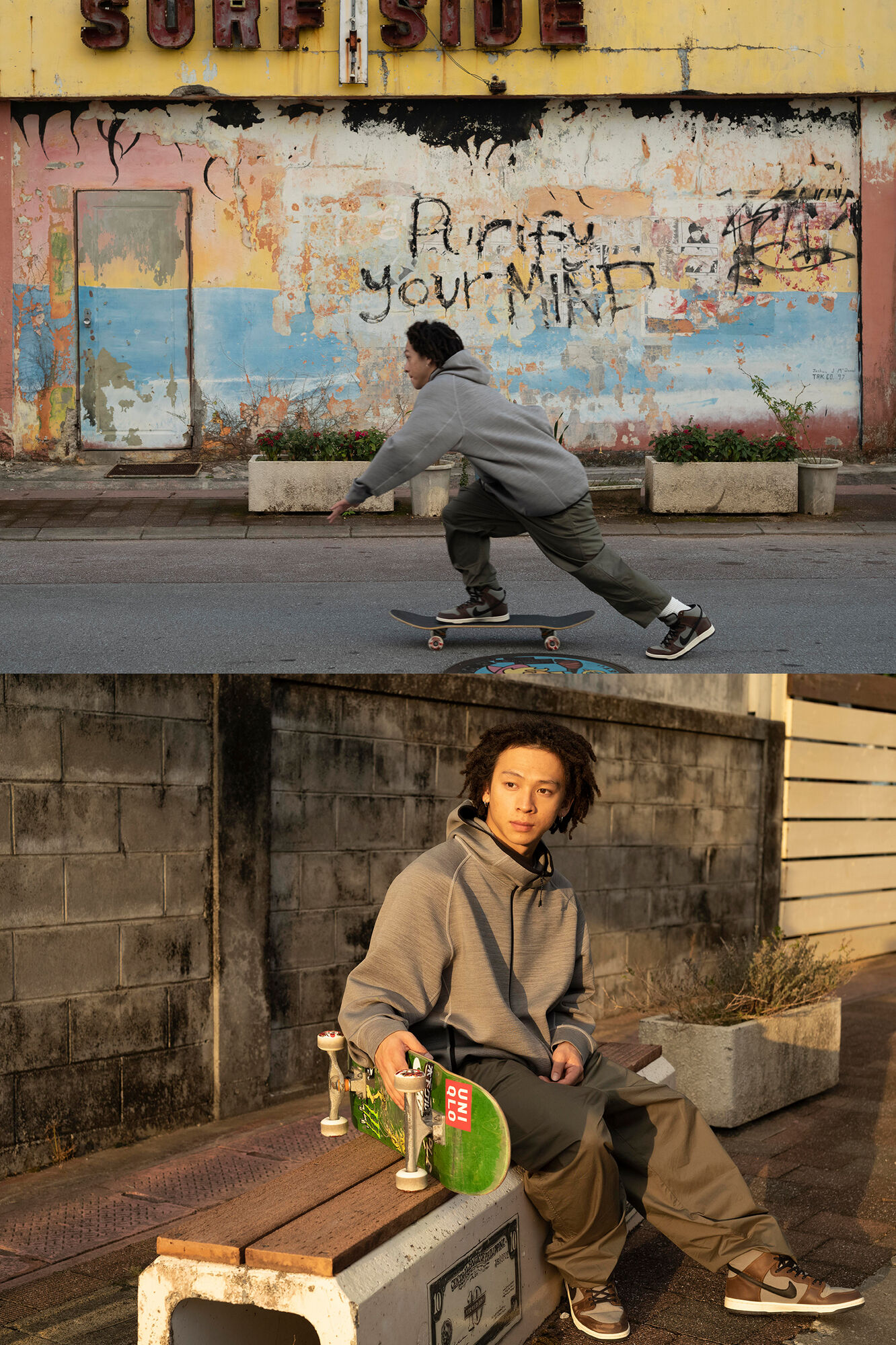 フルジップパーカにアンクルパンツを合わせた平野歩夢の画像