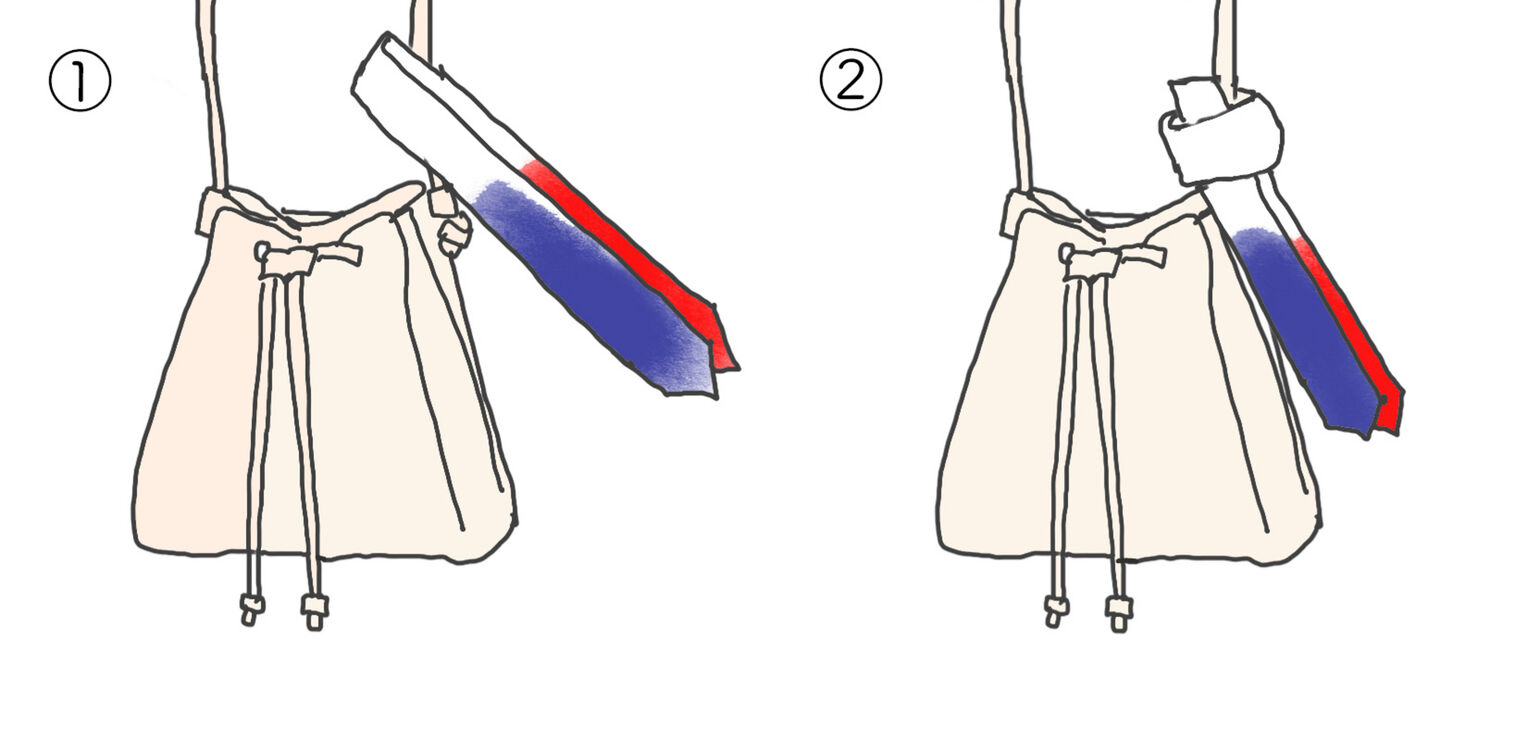スカーフをバッグのハンドルに1本結びでアレンジする工程のイラスト