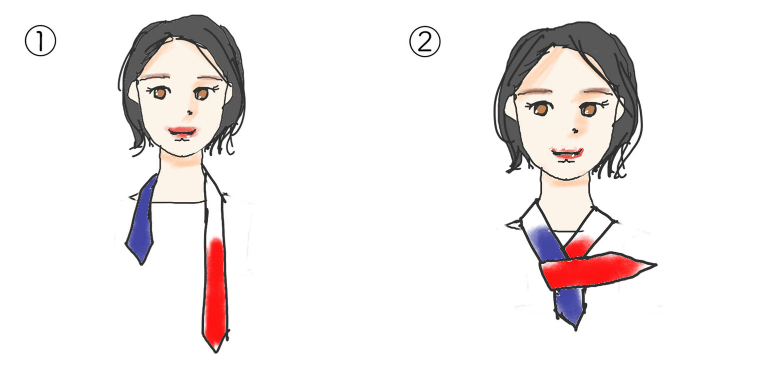 スカーフのネクタイ巻きの前半工程のイラスト