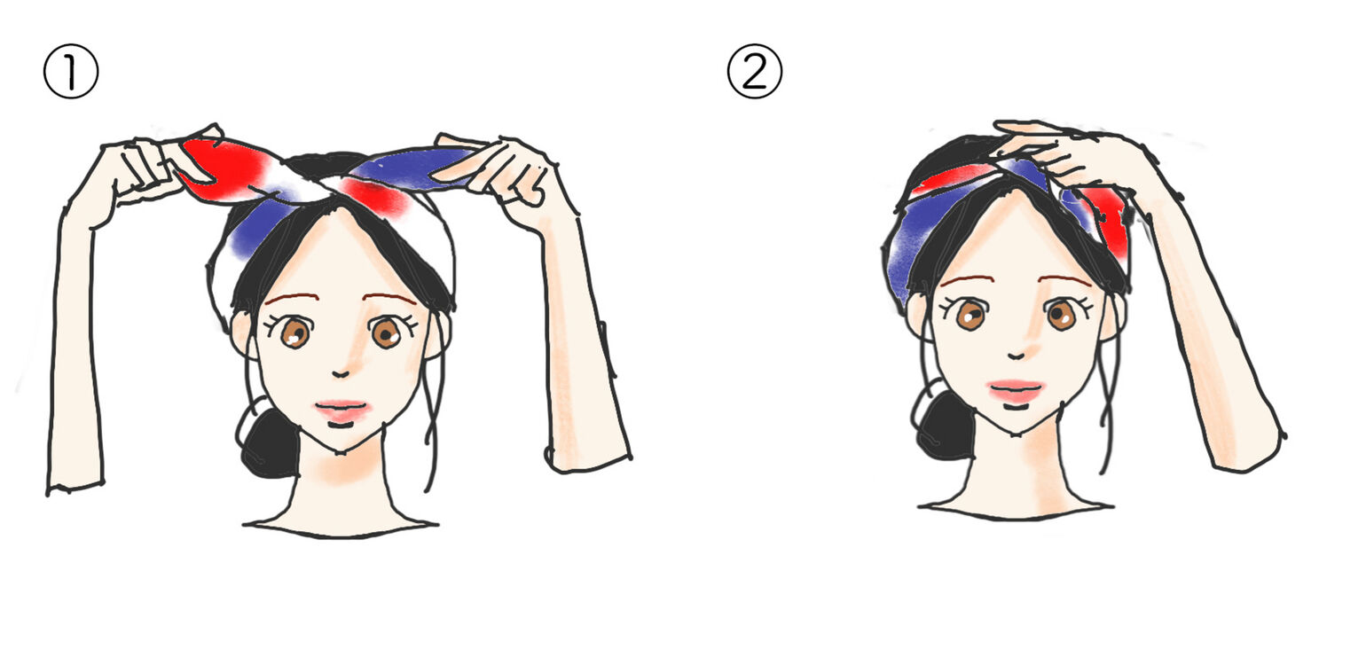 スカーフを頭にカチューシャ風に巻く工程のイラスト