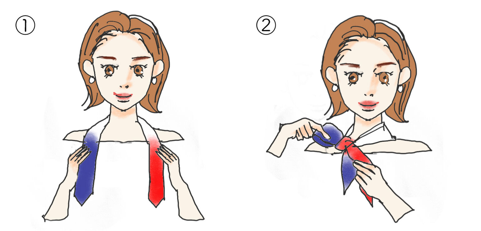 スカーフの片リボン巻きの工程を説明するイラスト