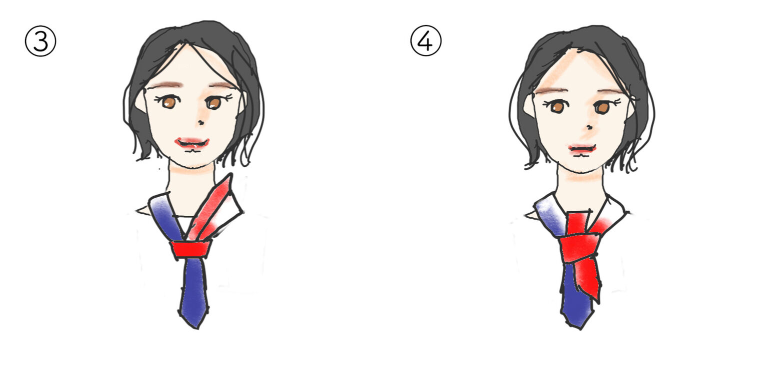 スカーフのネクタイ巻きの後半工程のイラスト