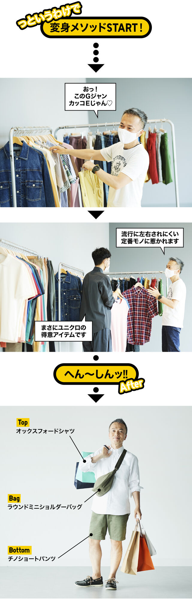 服を選定し、オックスフォードシャツにチノショートパンツを合わせてラウンドショルダーバッグをもつ姿に変身したパパ。