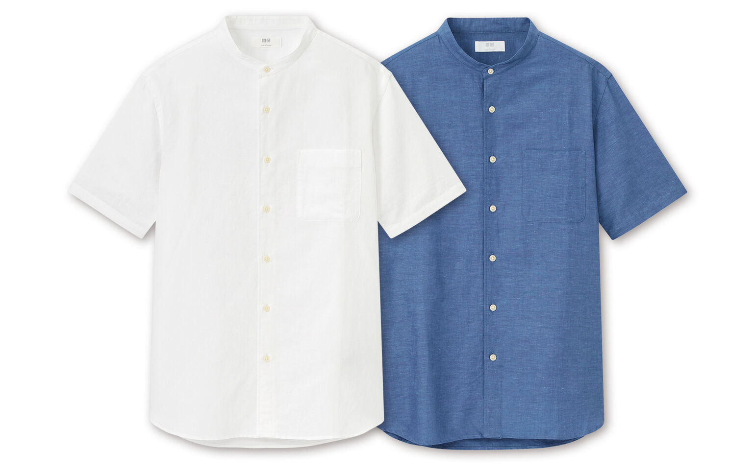 白のリネンコットンスタンドカラーシャツと青のリネンコットンスタンドカラーシャツ