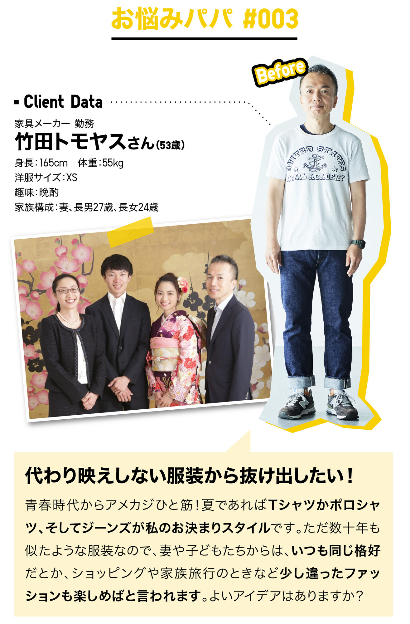 お悩みパパ003家具メーカー勤務、竹田トモヤスさん(53歳)。代わり映えしない服装から抜け出したい！