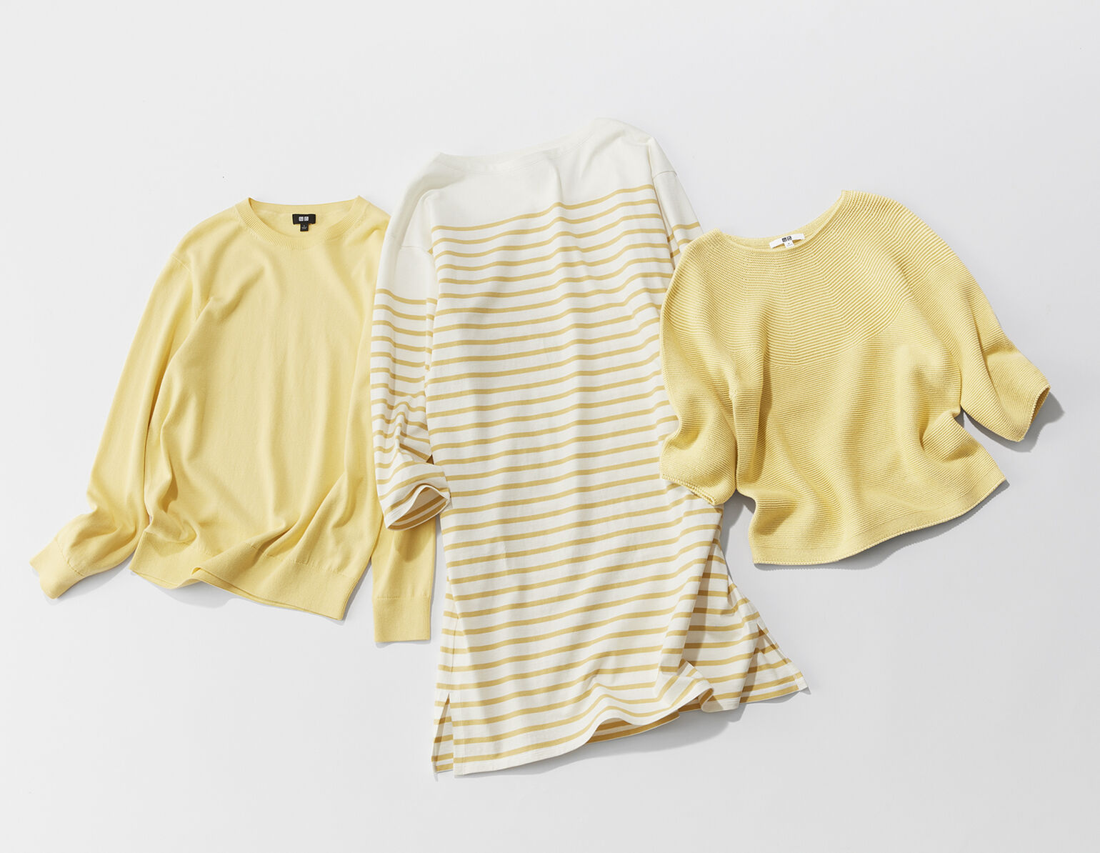 イエローのウォッシャブルコットンクルーネックセーター、ボーダーボートネックワンピース、3Dコットンボリュームスリーブセーター