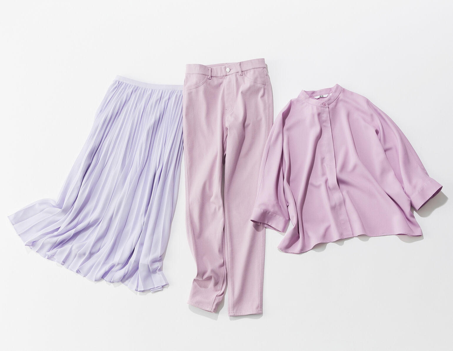 紫のプリーツスカート、ウルトラストレッチハイライズレギンスパンツ、レーヨンドルマンスリーブブラウス