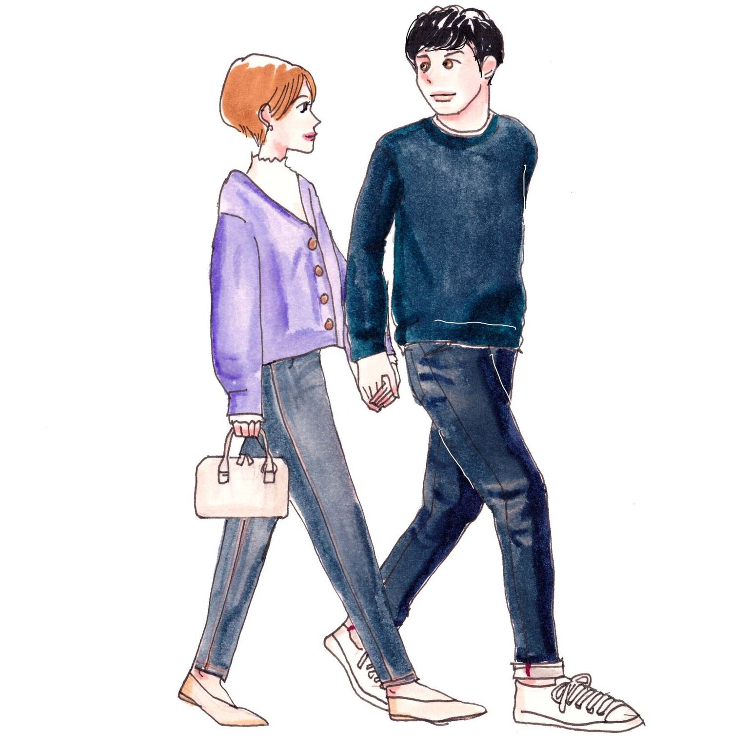 ペグトップジーンズに、ショート丈のカーディガンを合わせたレディース秋コーデと、スリムシルエットのジーンズに同系色のトップスを合わせたメンズ秋コーデ。