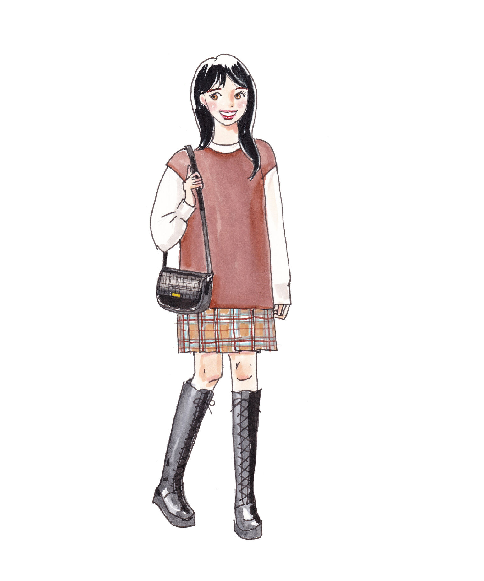 ミニスカートにゆったりシルエットのベストで重心を上にし、レザー調のブラック小物を合わせたシックで大人っぽいレディースコーデ。