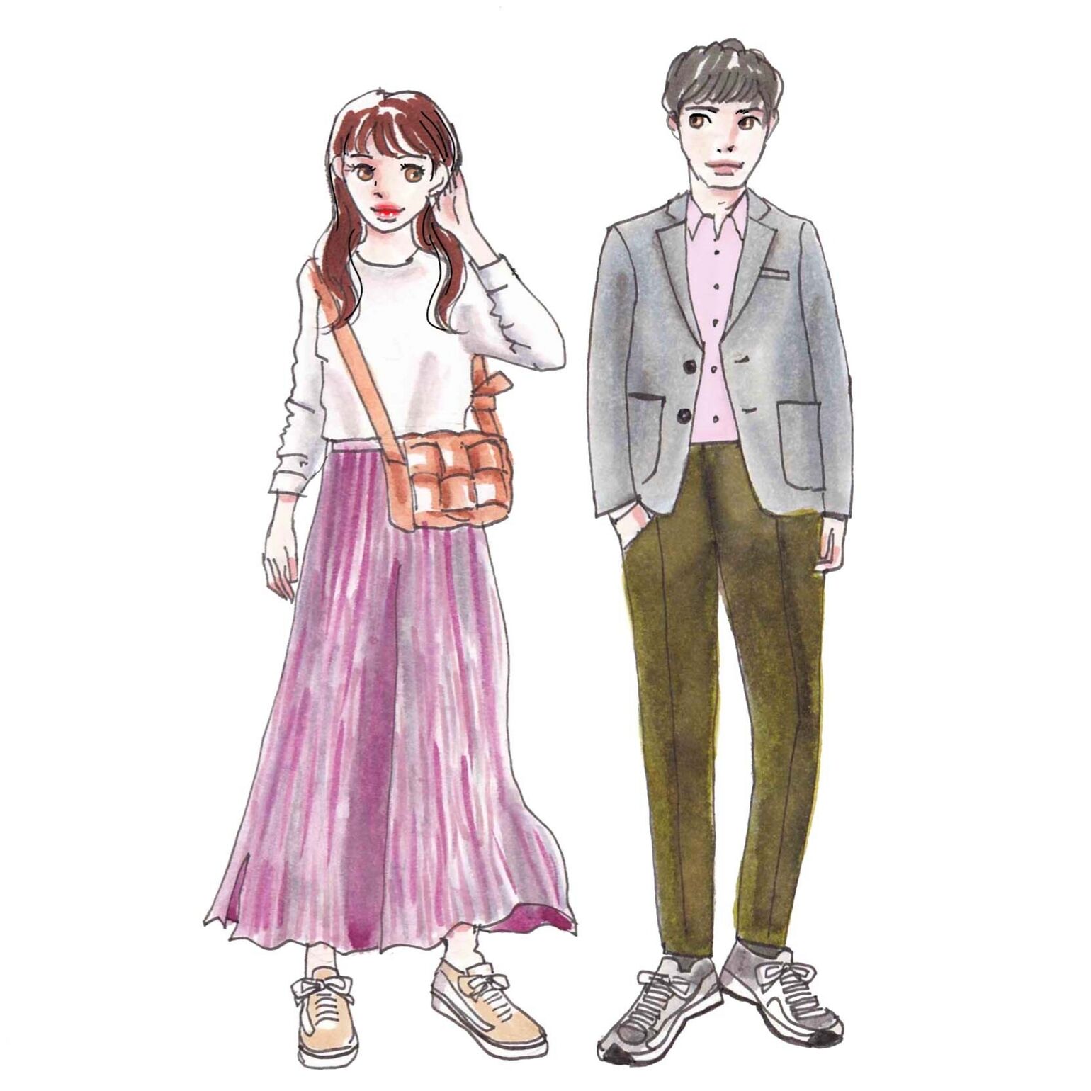 白Tにピンクのボリュームスカート、ビビッドカラーの小物を差し色に効かせたレディース春コーデと、明るいピンクのシャツにグレーのジャケットを合わせたメンズ春コーデ。