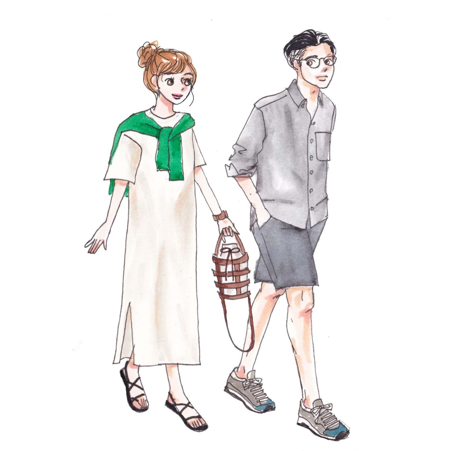 長め丈のワンピースに、明るい緑のカーディガンを肩がけしたレディース夏コーデと、ショート丈ボトムスにシャツをグレーのワントーンで合わせてすっきりとした印象のメンズ夏コーデ。