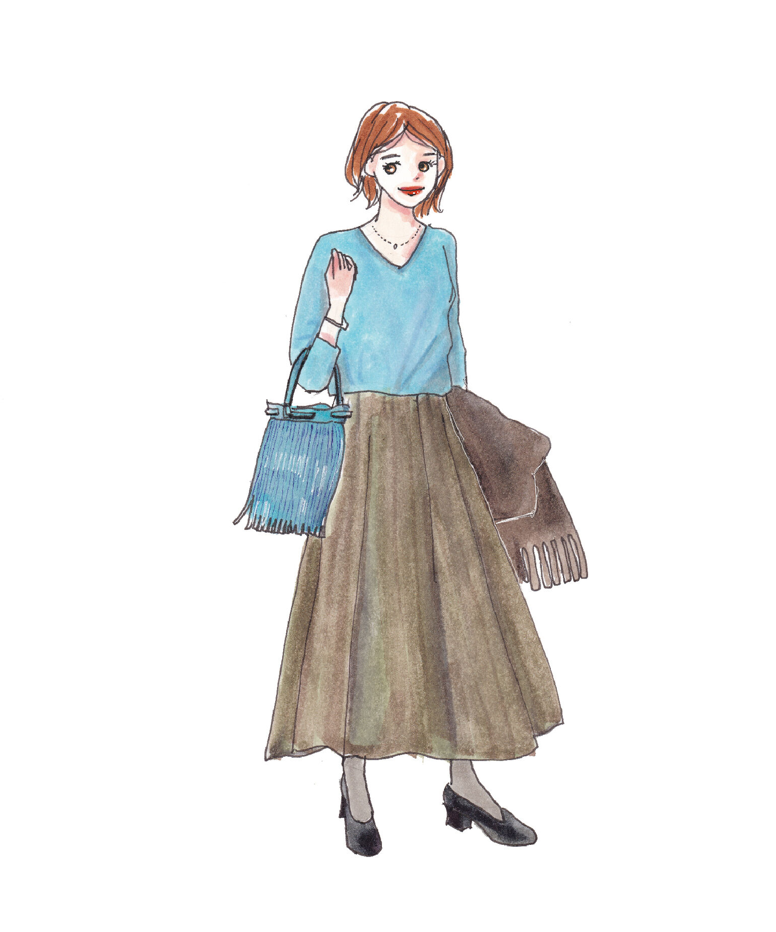 Vネックセーターに足首が見える丈感のボリュームスカートを合わせた華奢に見えるレディーズコーデ。