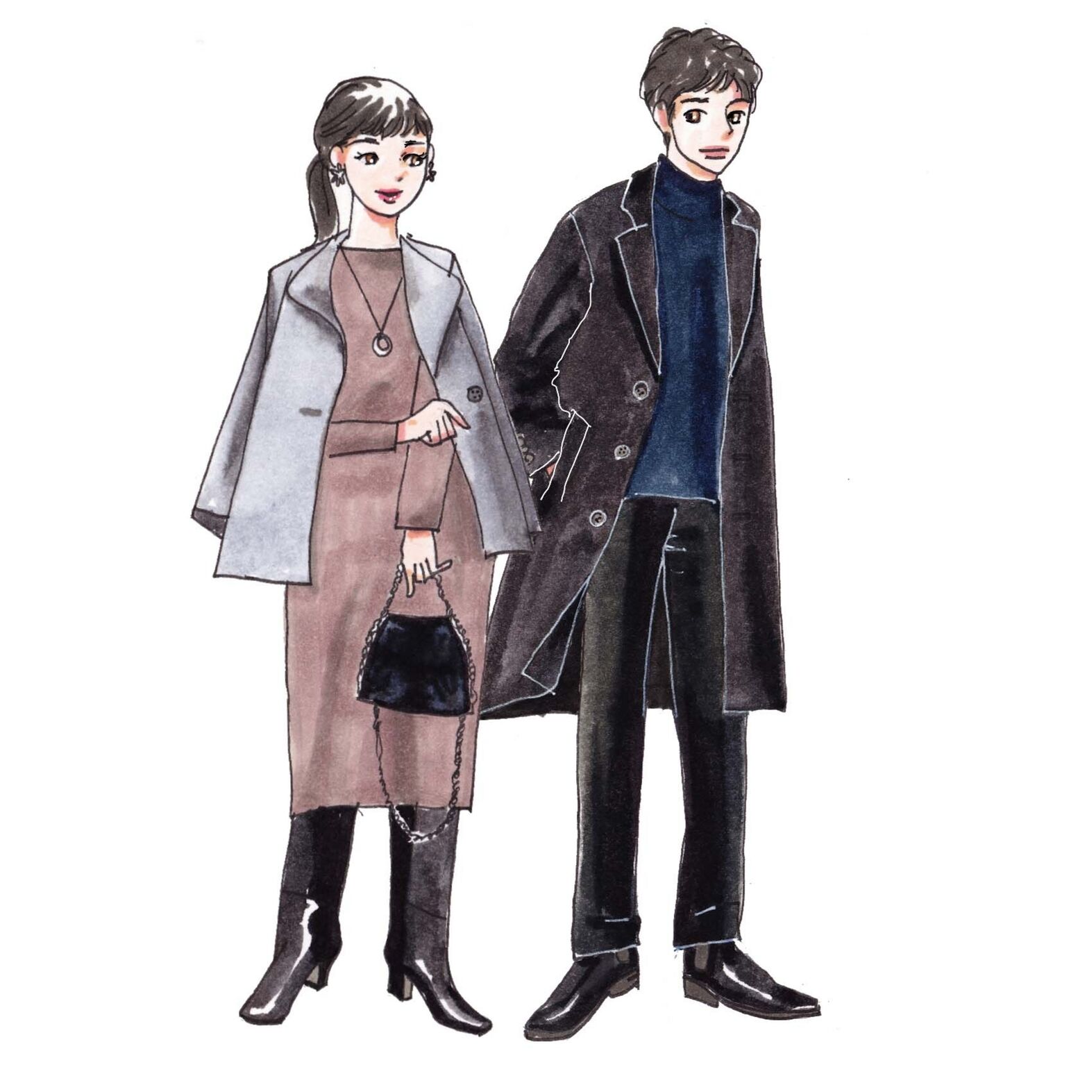 ニットワンピースにロングブーツ、ショート丈アウターでバランスをとったレディース冬コーデと、ニットにきれいめコートを合わせてダークカラーでまとめたメンズ冬コーデ。