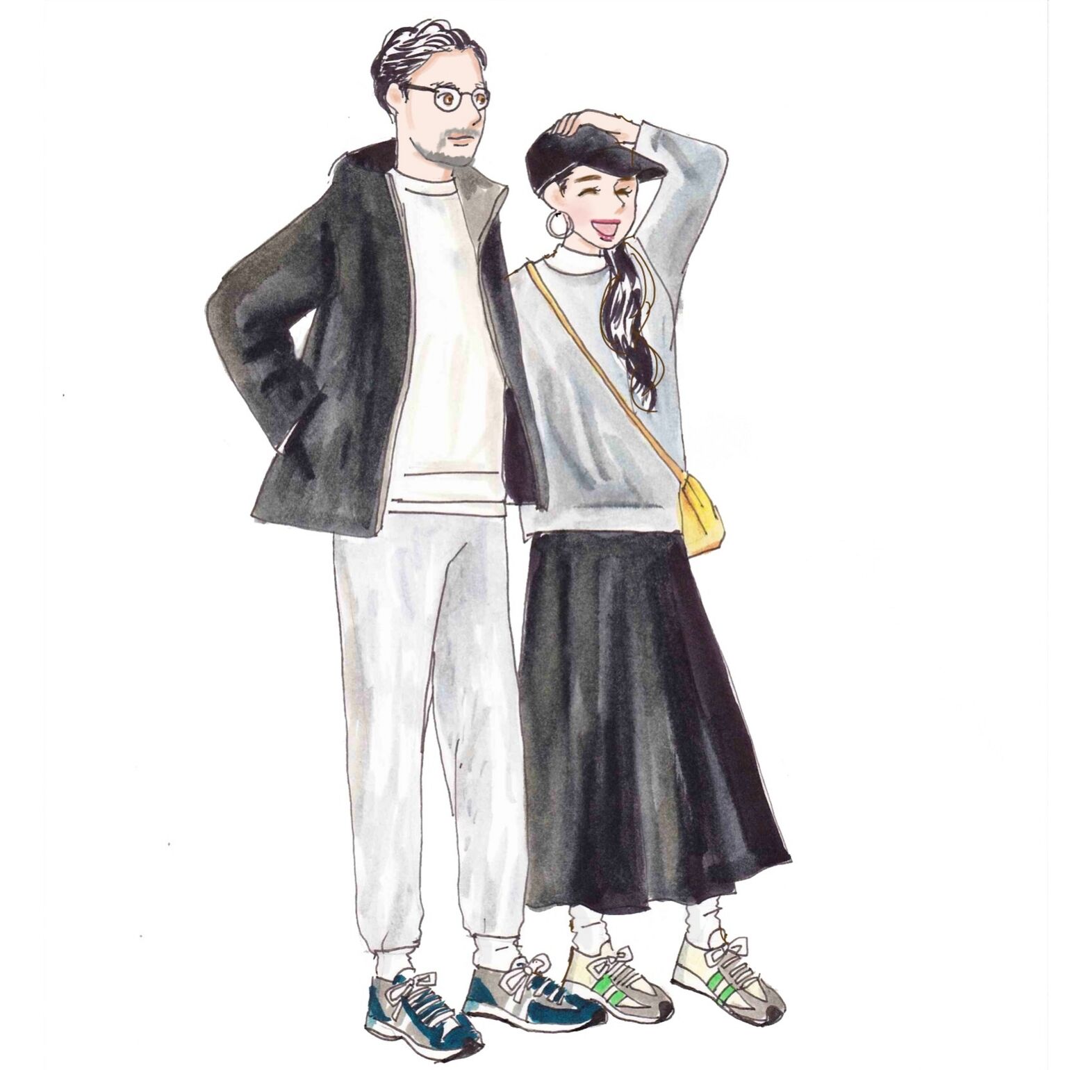 グレーのスウェットと、ブラックのカラーリングで、モダンな印象に合わせたカップルのシミラ―ルック