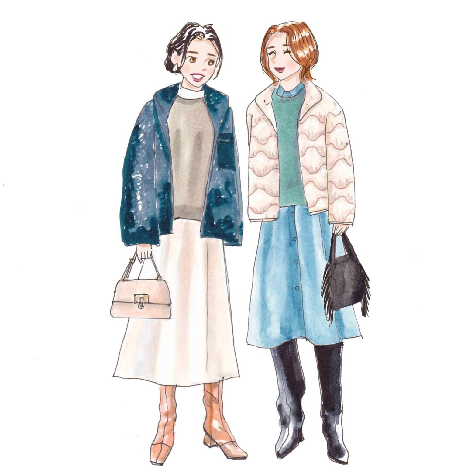 寒色系の色、スカートとワンピースのボトムスのシルエットで合わせた女友達との冬のシミラ―ルック