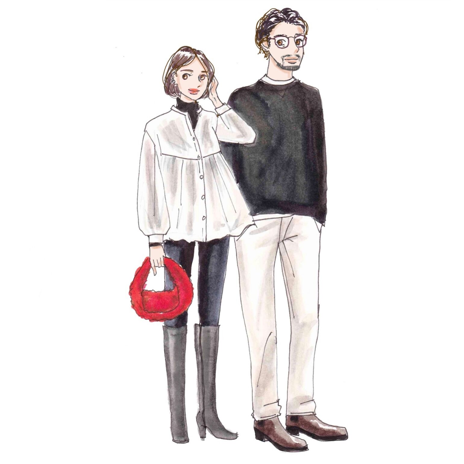 白や黒のモノトーンの色みでシックな印象に揃えたカップルのシミラ―ルック