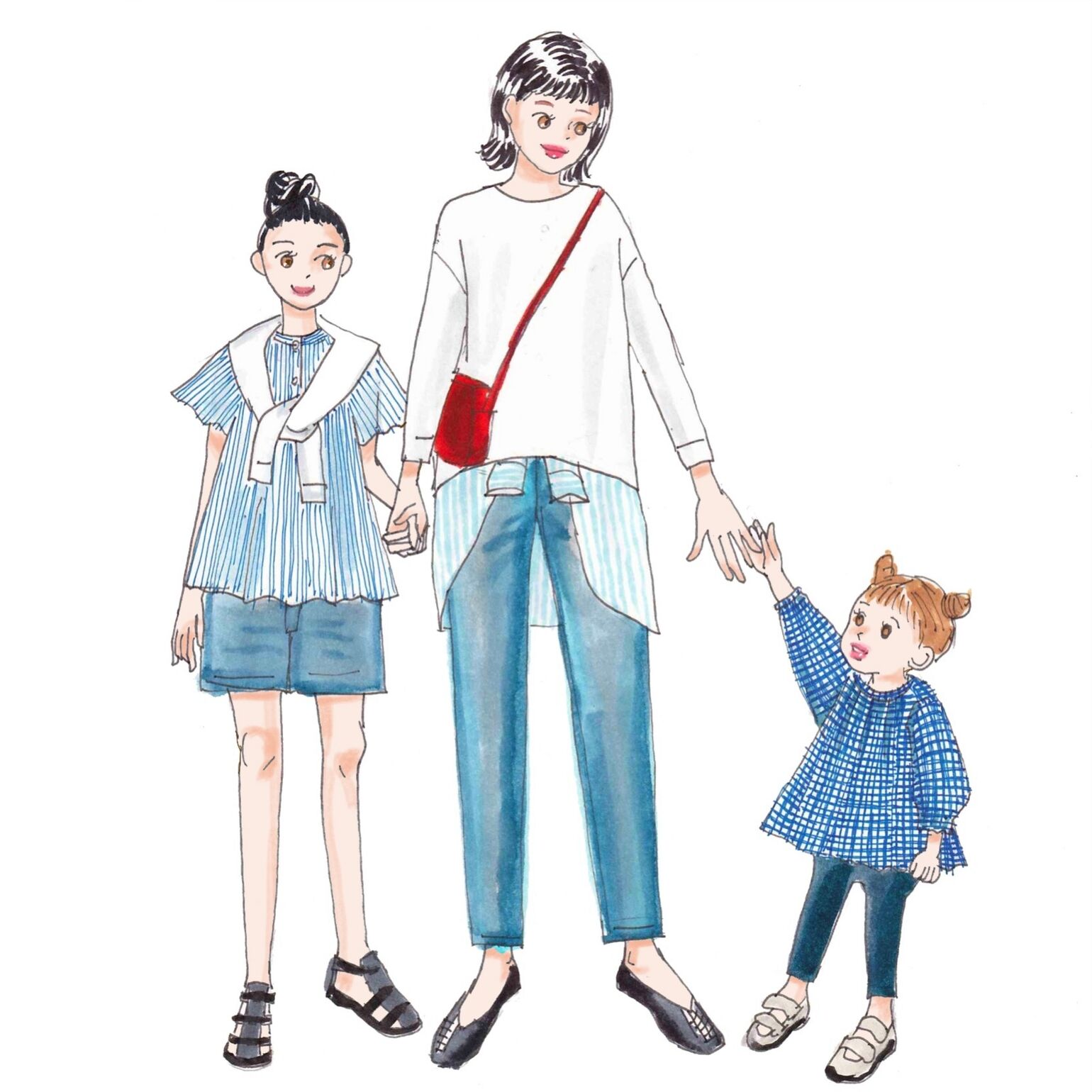 青系統の色みで統一したファミリーのシミラーコーデ