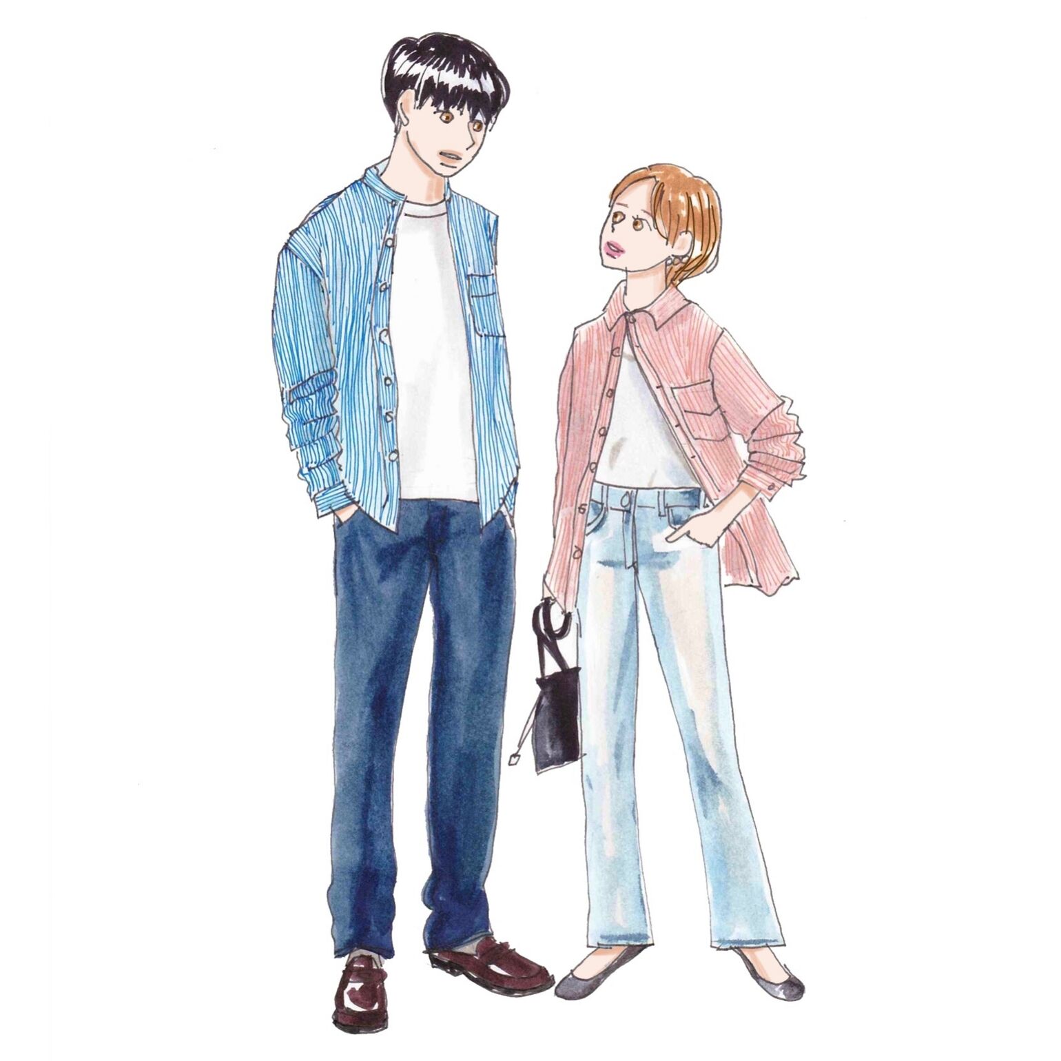 シャツのストライプ柄とデニムで合わせたカップルのシミラ―ルック